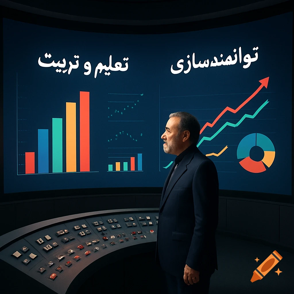 A man in a suit looks at a large curved screen in a control room displaying colorful bar graphs, line charts, and Persian text.