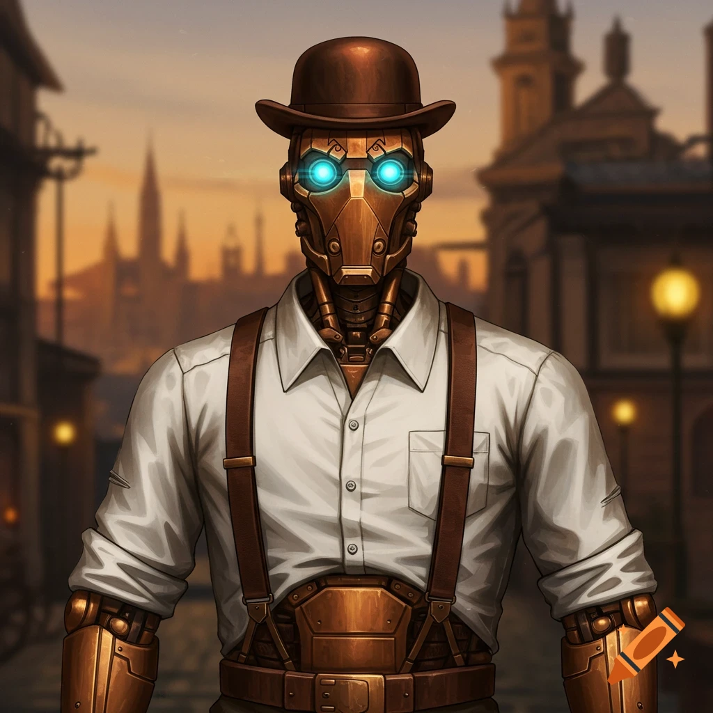 A steampunk robot with glowing blue eyes, a bowler hat, white shirt, and suspenders stands on an old-fashioned street.