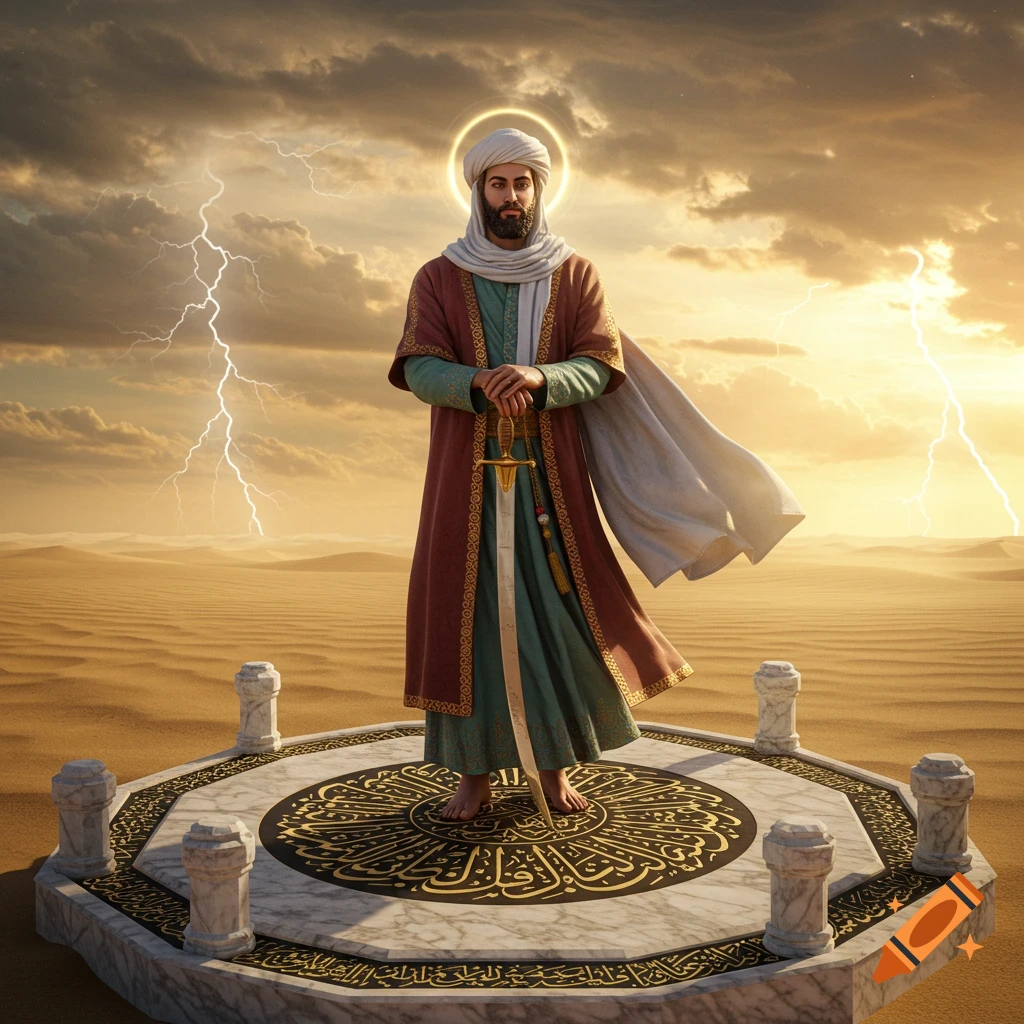 A man resembling Imam Ali, in traditional robes with a halo, stands on an ornate platform in a stormy desert with lightning.