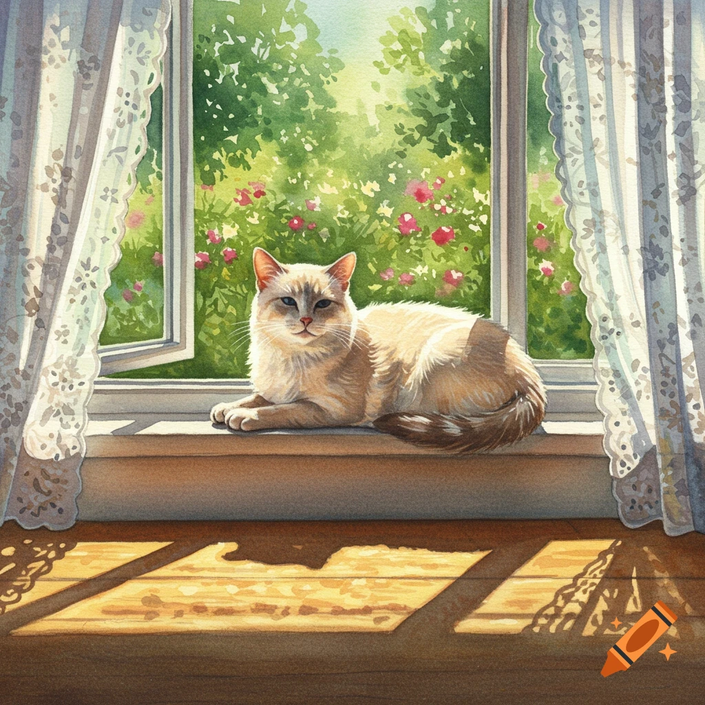 A tranquil watercolor painting of a light-colored cat lying on a sunlit windowsill with lace curtains and a green garden outside.
