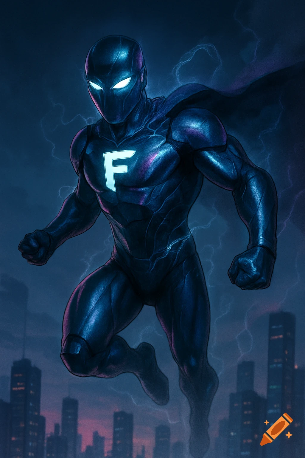 A blue-armored superhero with a glowing 'F' on his chest and bright eyes hovers above a dark city skyline with lightning.