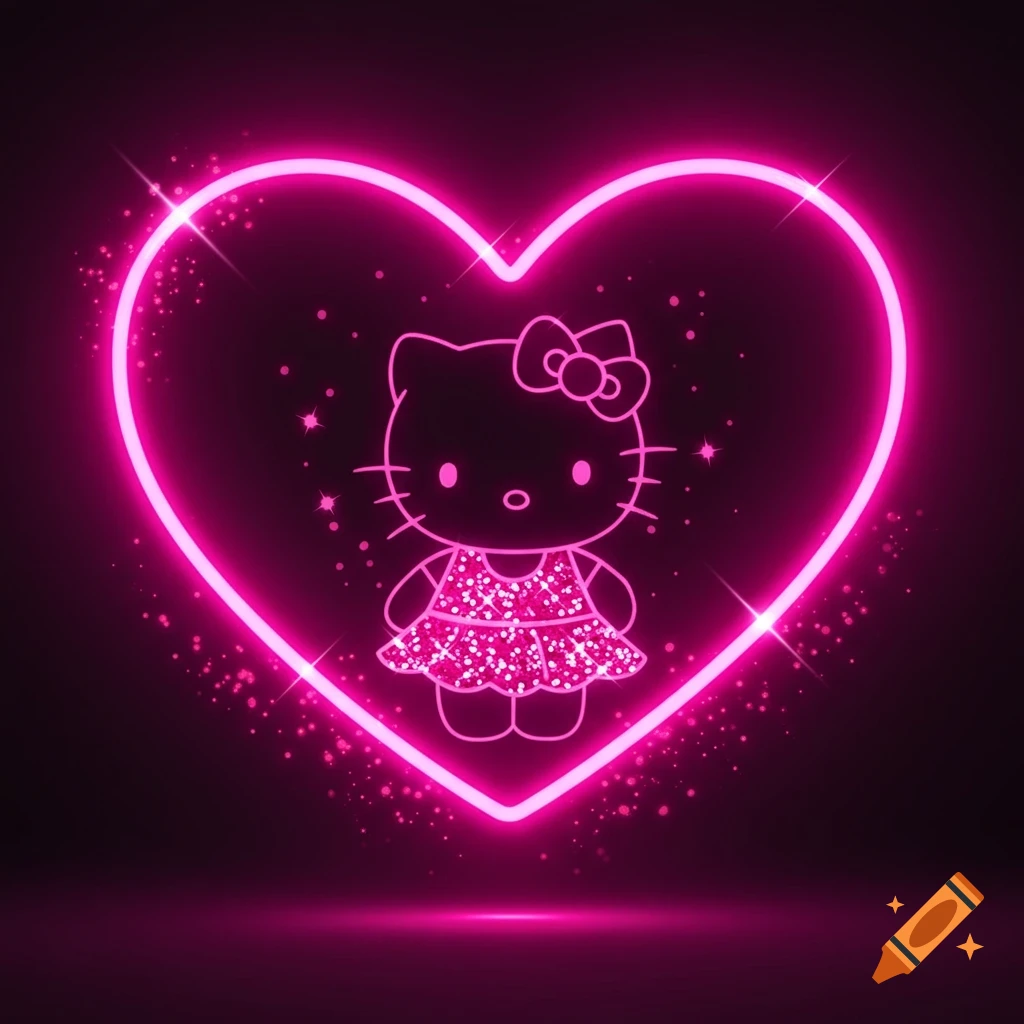 Neon pink heart outlined in light, with a black Hello Kitty character wearing a sparkly pink dress inside, on a dark background.