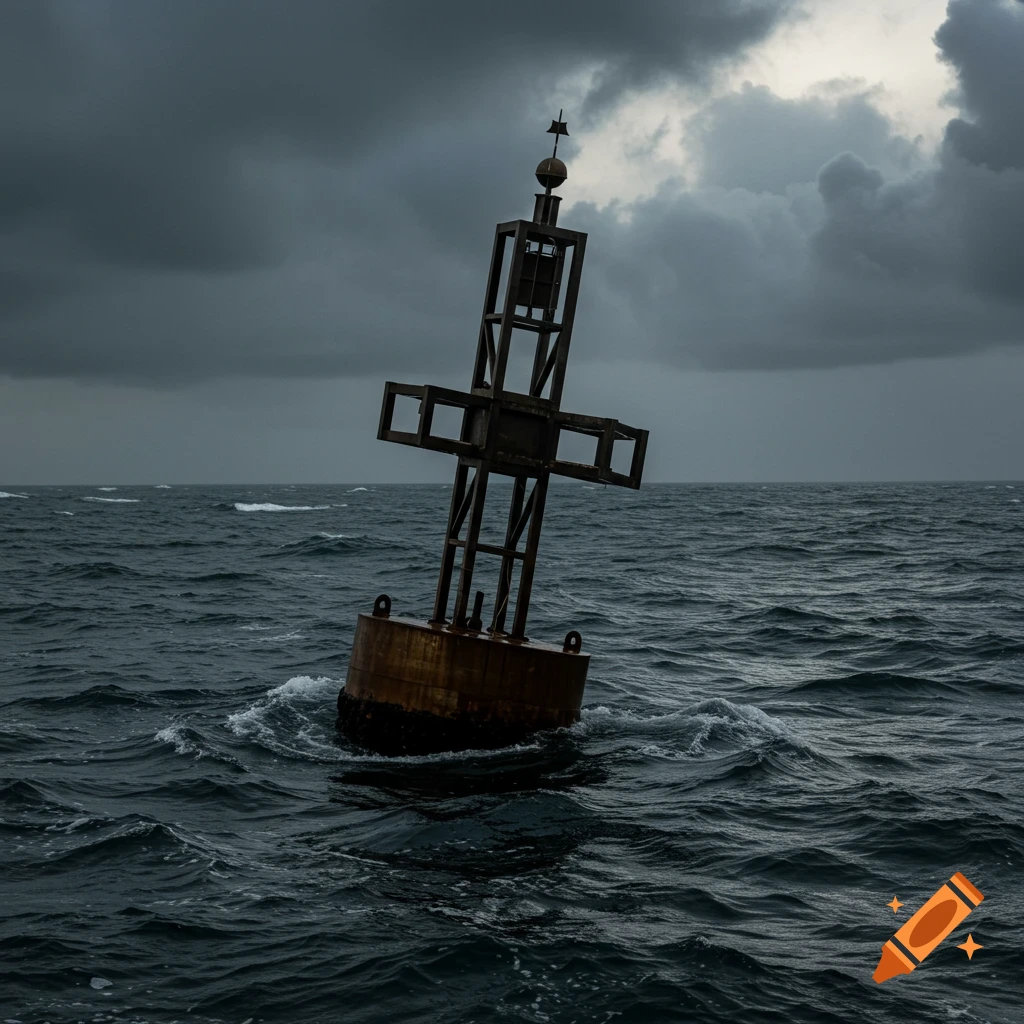 A rusty metal buoy with a cross-shaped structure floats in a rough, dark sea under a stormy sky, photorealistic.