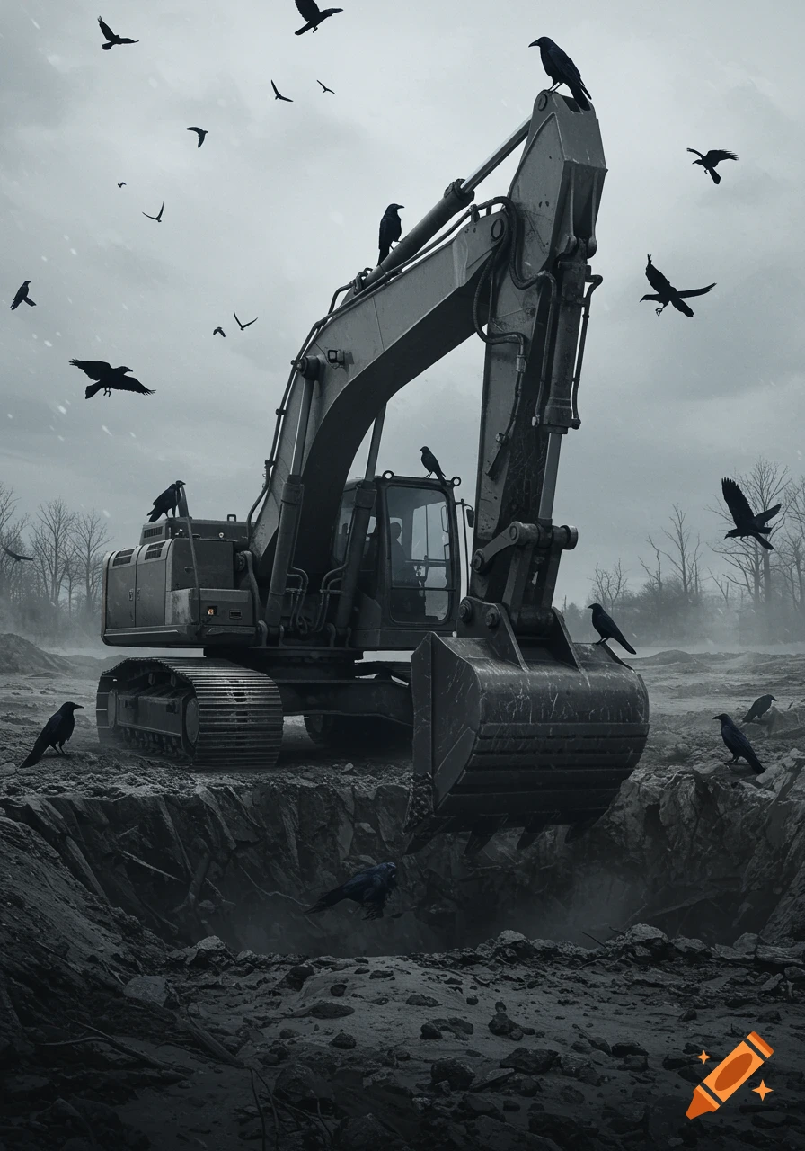 A dark, moody image of an excavator digging a pit, surrounded by many black crows perched and flying in a desolate landscape.