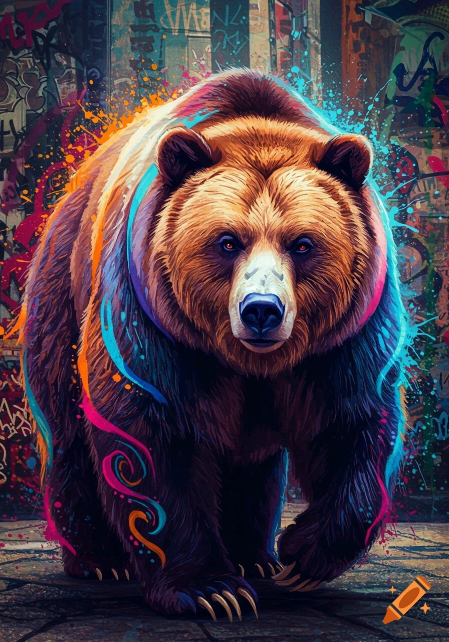 A stylized grizzly bear with vibrant neon streaks of blue, pink, and orange fur stands in front of a colorful, graffiti-covered wall.