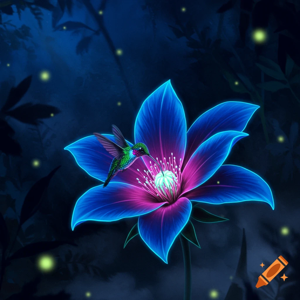 A vibrant hummingbird sips nectar from a glowing blue and pink flower in a dark, magical setting.