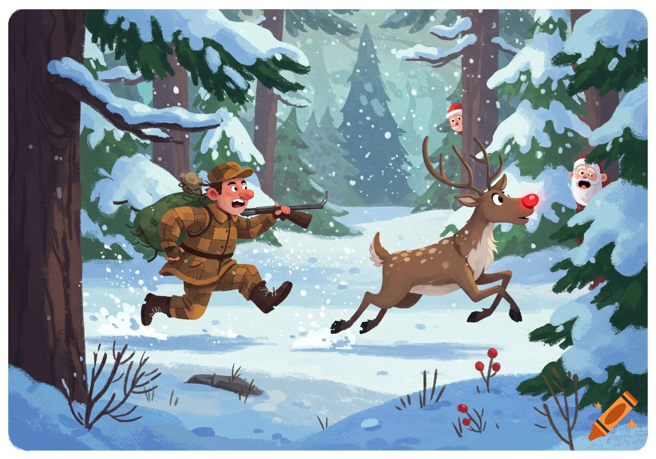 A cartoon hunter in a snowy forest chases Rudolf the Red-nosed Reindeer, as Santa Claus peeks from behind a tree with a shocked expression.