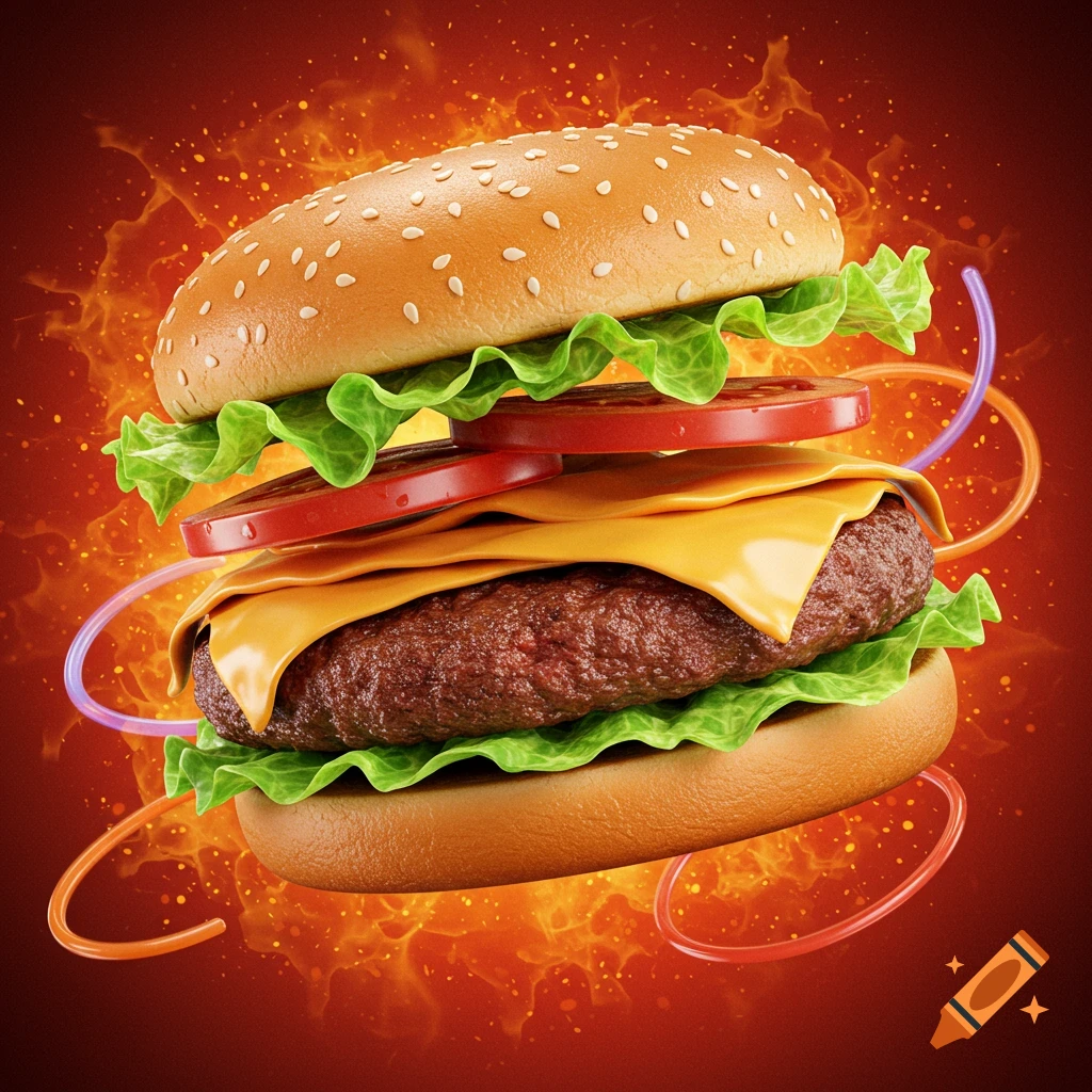 A vibrant, stylized cheeseburger with lettuce, tomato, patty, and cheese, on a sesame bun, against a fiery red background with glowing abstract lines.