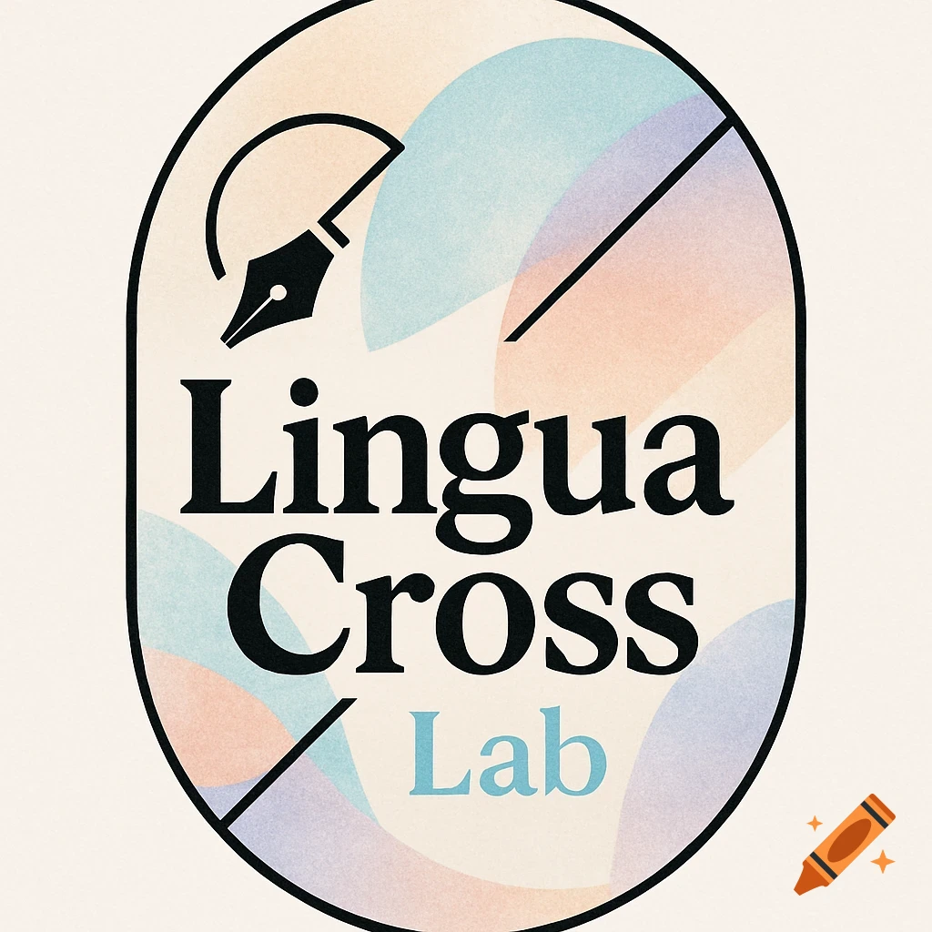 A modern, oval-shaped logo for Lingua Cross Lab features a stylized pen nib above the text, set against soft pastel geometric shapes.