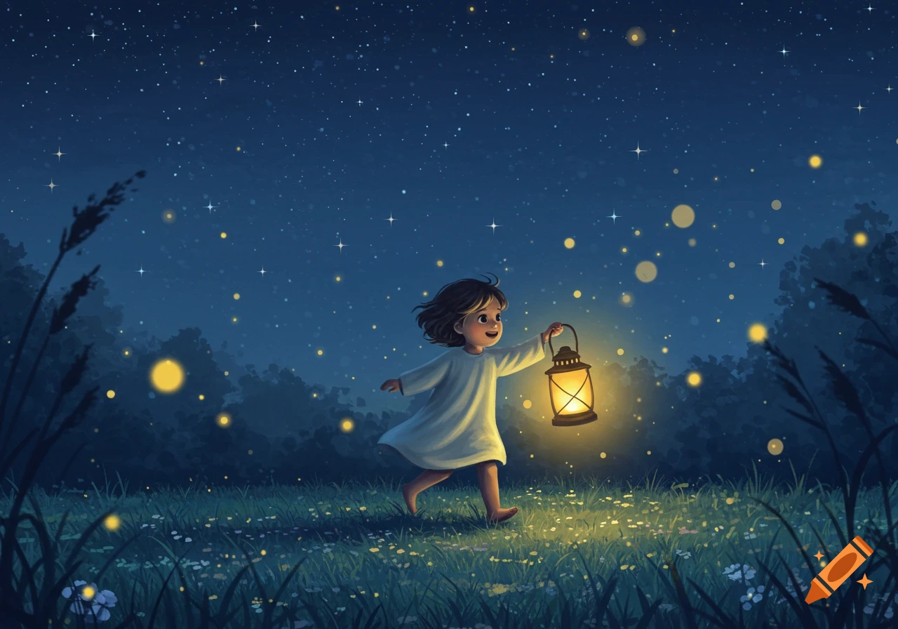 An illustrated child in a white gown runs through a starry night field, holding a glowing lantern amidst fireflies.