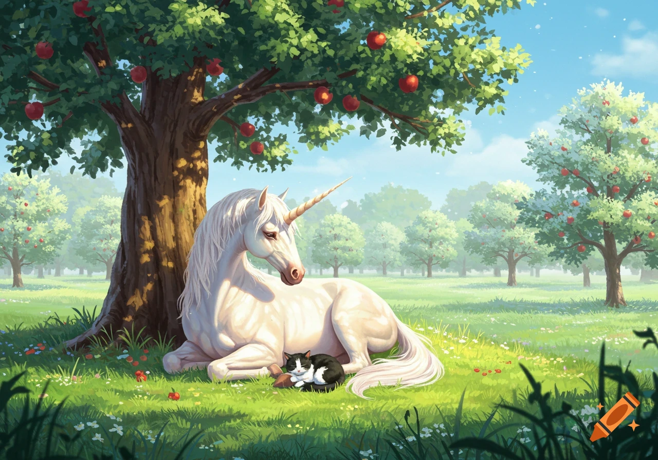 A white unicorn and a small black and white cat sleep peacefully under a bountiful apple tree in a lush green orchard, illustrated.