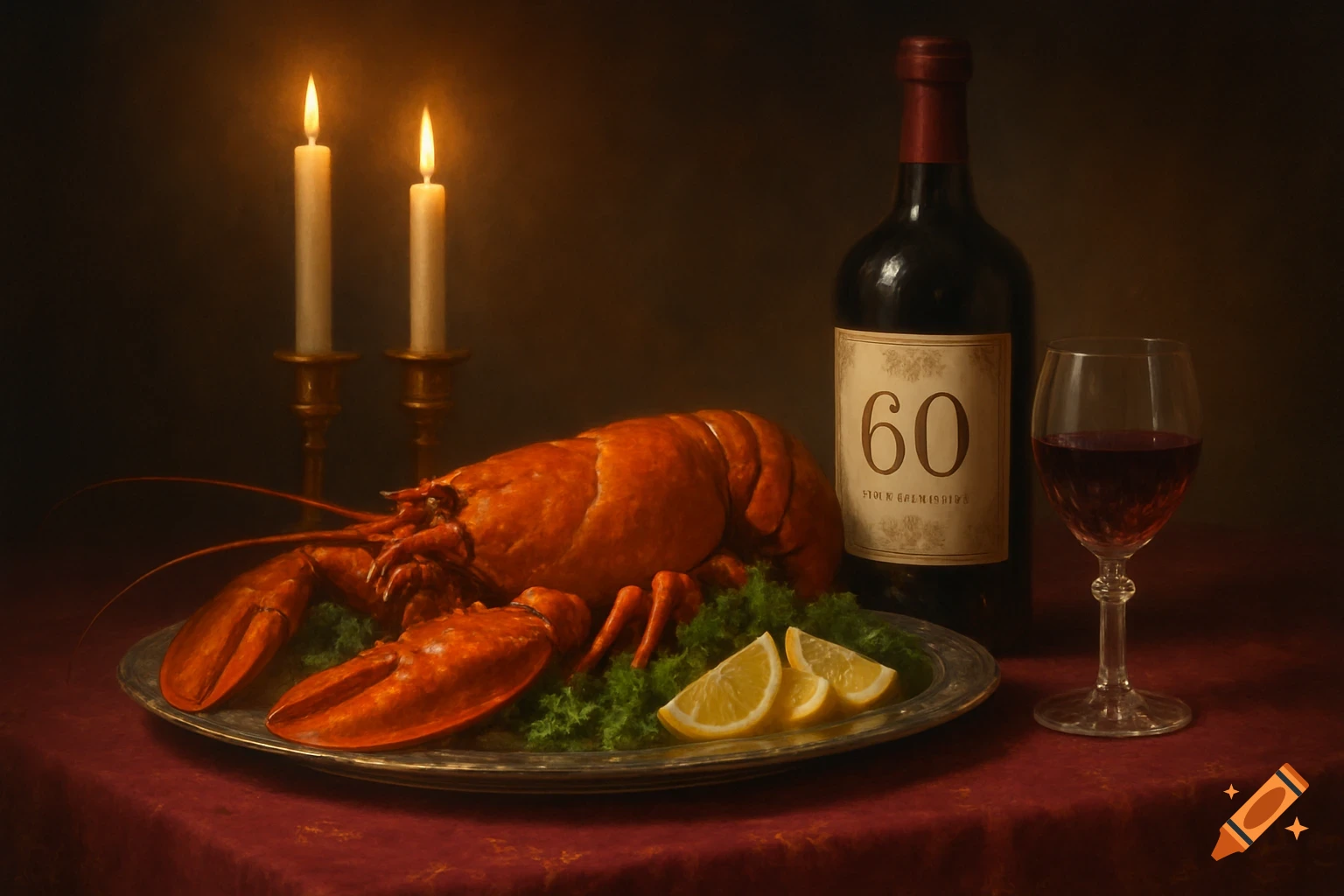 Still life of a cooked lobster on a platter, a wine bottle labeled '60', a glass of red wine, and two lit candles.