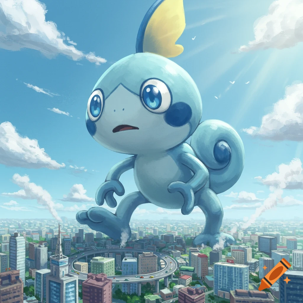 A giant blue Sobble Pok essmon walks through a small city under a bright blue sky.