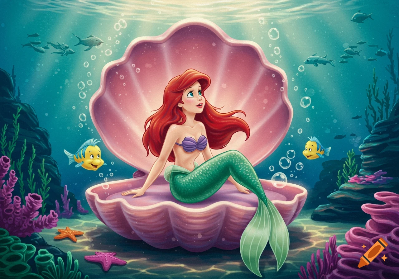 Disney's Ariel, the Little Mermaid, with red hair and green tail, sits in a pink clamshell underwater with Flounder and fish, animated style.