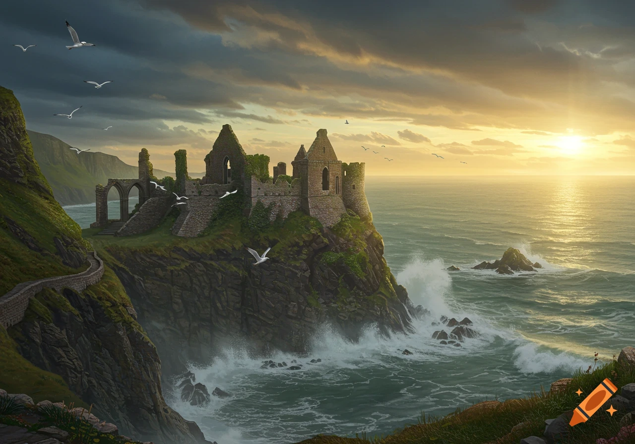 Ancient stone ruins on a rugged green cliff overlooking a stormy sea at sunset, with seagulls flying.