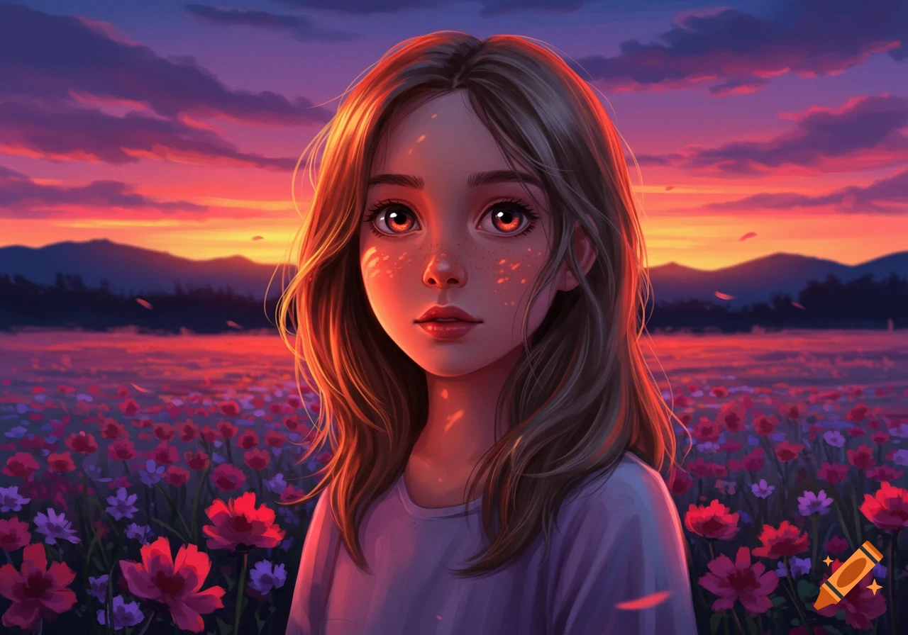 Stylized portrait of a young girl with bright eyes and freckles, standing in a field of flowers at sunset.