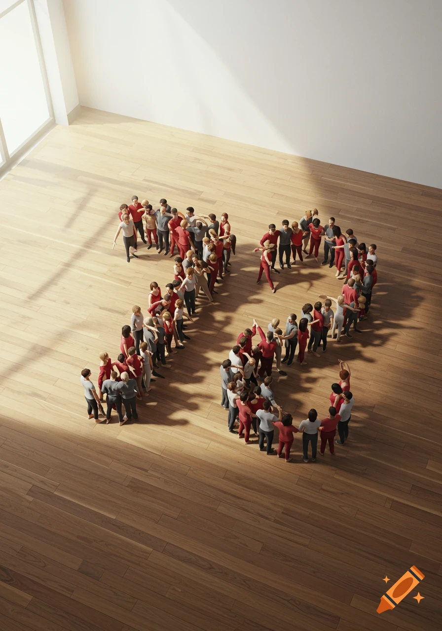 A large group of people forming the number 72 on a polished wooden floor in a bright, minimalist room.