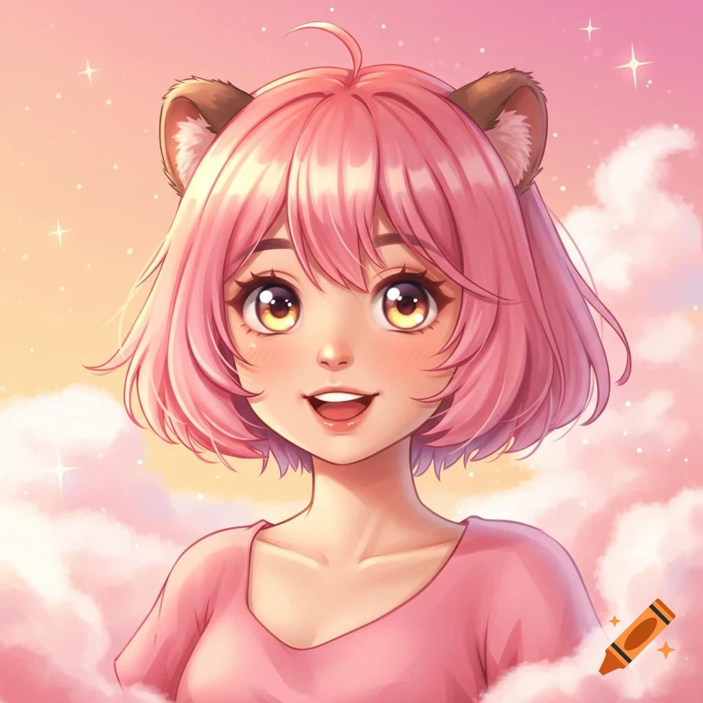 An anime girl with pink short hair and fuzzy brown ears smiles against a cloudy, starry, pastel pink and orange sky.