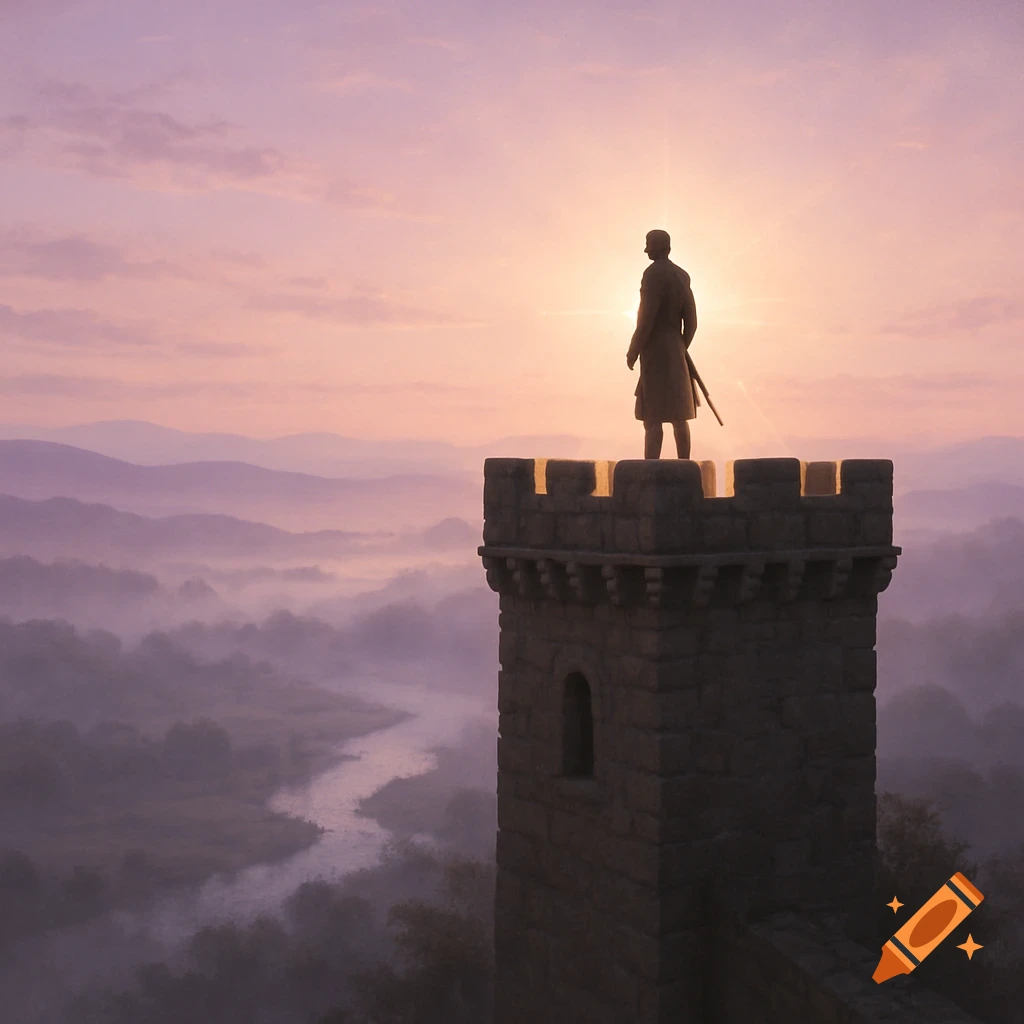 A silhouette of a warrior on a castle tower at sunrise, overlooking a misty valley with a winding river and mountains.