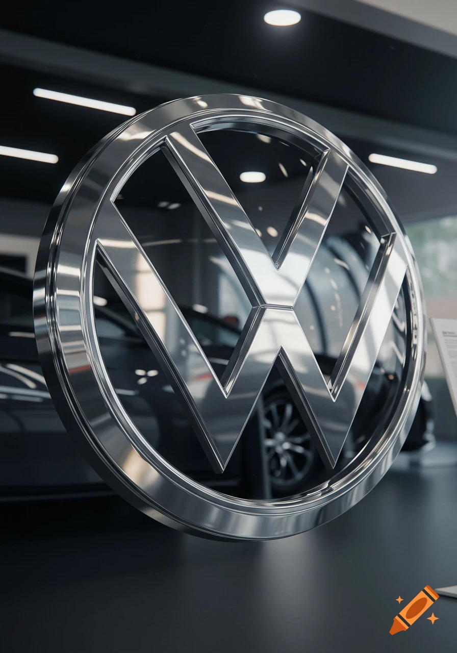 Close-up of a shiny chrome Volkswagen logo with a blurred car and showroom in the background.
