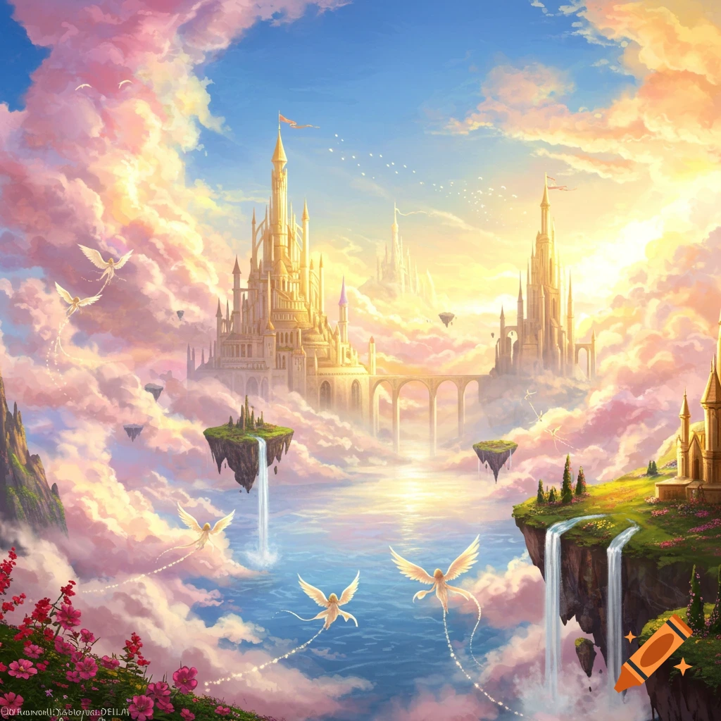 A vibrant fantasy painting of a heaven world with golden castles, floating islands, waterfalls, and angelic figures flying among pink clouds and a bright sky.