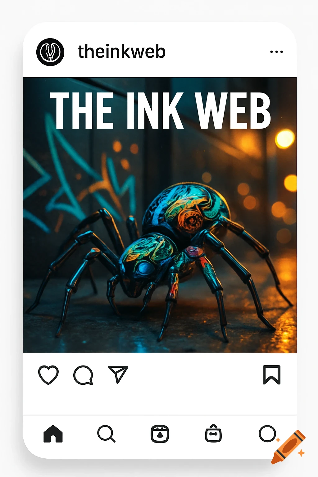 A vibrant, stylized spider with tattoo-like patterns, 'THE INK WEB' text, on an Instagram post frame, against a dark graffiti background.