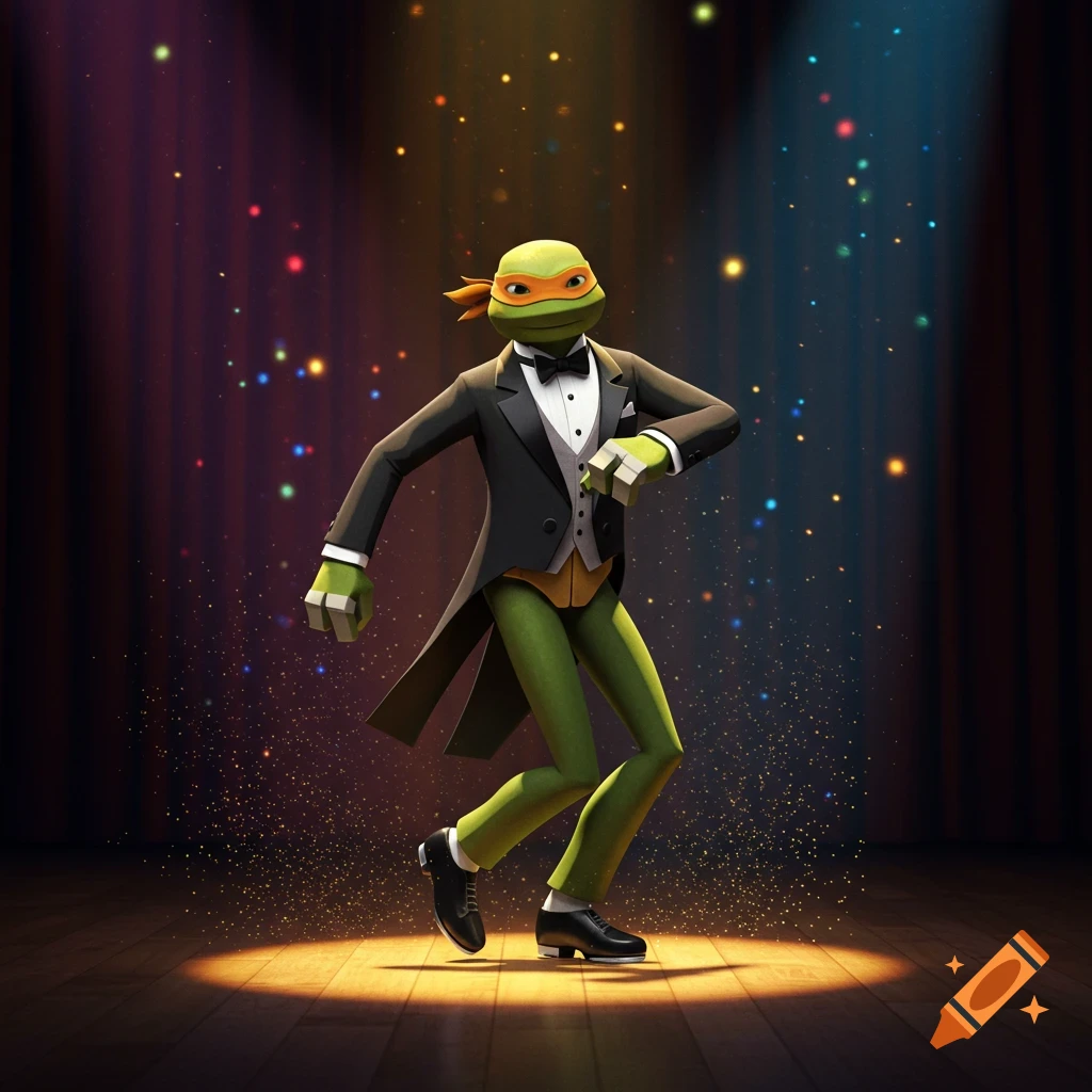 Michelangelo from TMNT tap dancing in a tuxedo on a spotlighted stage with colorful sparkling effects.