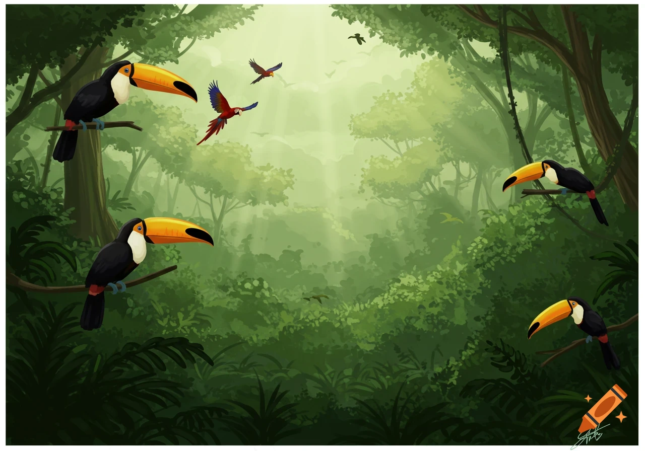 Stylized illustration of toucans and macaws in a vibrant green rainforest with sunbeams.