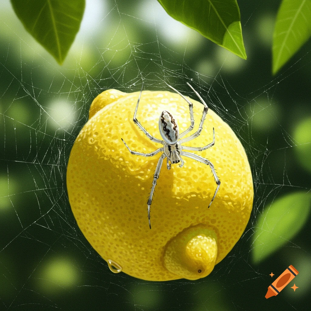 A spider on a lemon covered in a spiderweb, with green leaves in the blurred background.