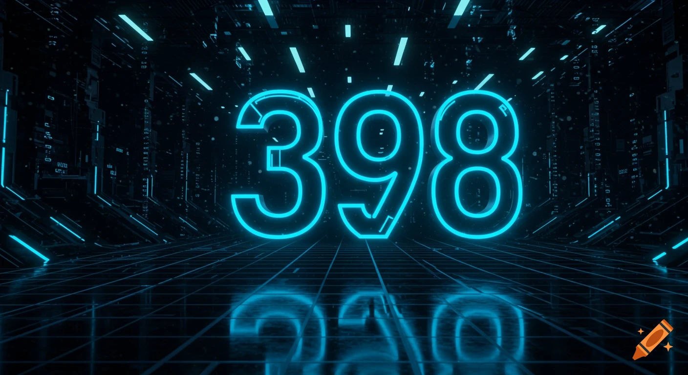 Glowing electric blue neon numbers "398" in a dark, futuristic digital landscape with a grid floor and light trails.