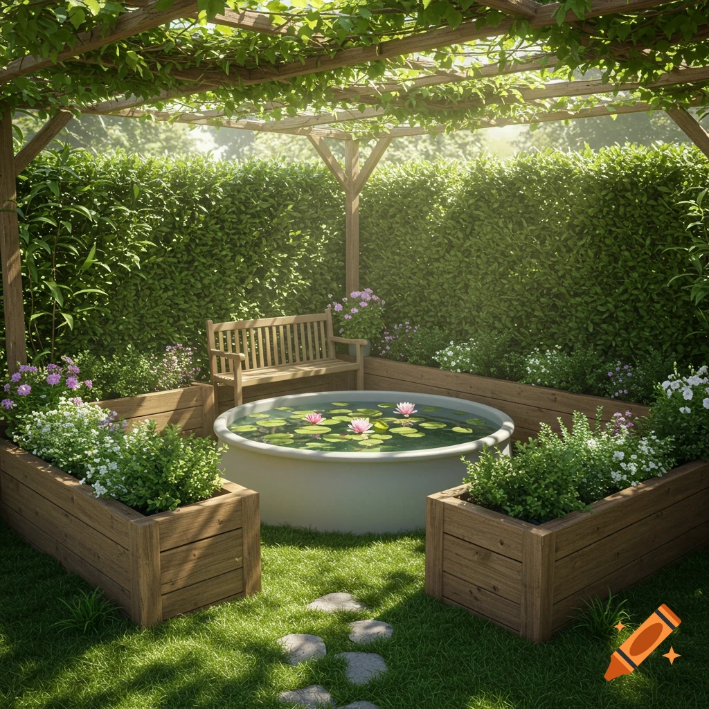 Photorealistic image of a lush garden with a wooden pergola, a bench, raised planters, and a pond with water lilies.