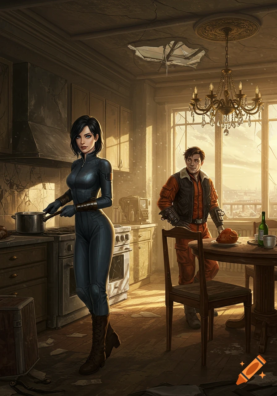 A woman in a dark suit cooks in a ruined penthouse kitchen, while a man in an orange flight suit stands nearby by a table with a roasted bird.