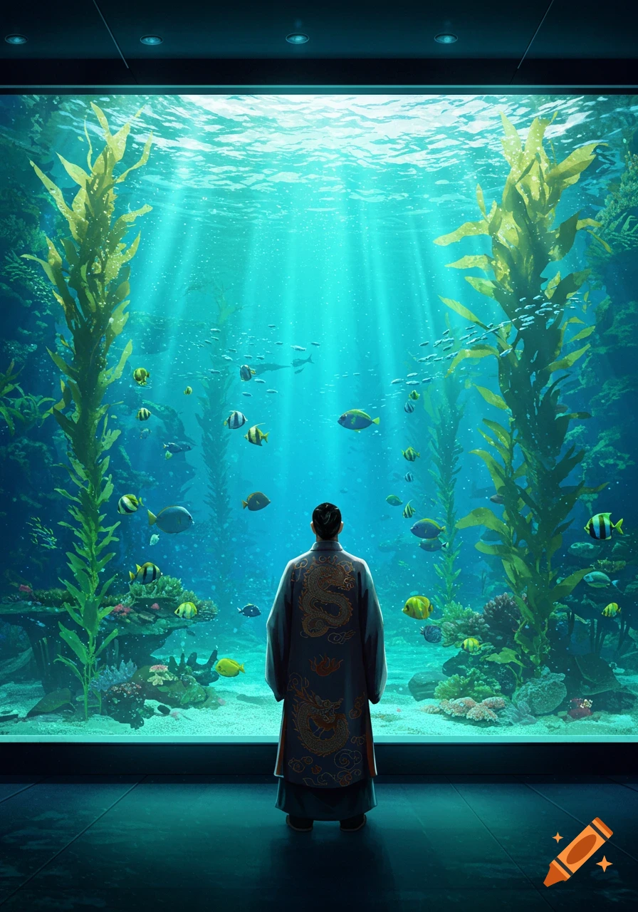 A man in a traditional robe looks at a vibrant aquarium with colorful fish and kelp, light shining through the water.