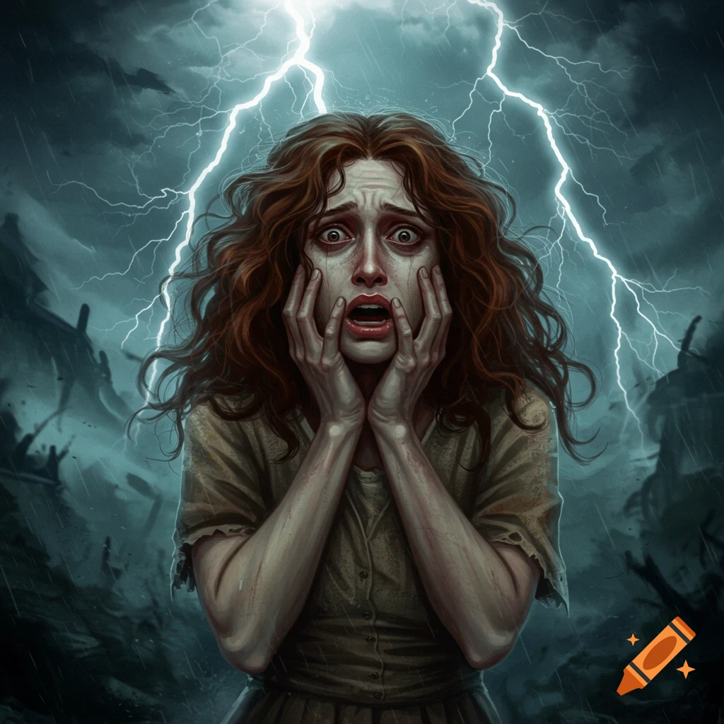 A terrified woman with red, curly hair clutches her face, screaming in horror under a dark, stormy sky illuminated by bright lightning.