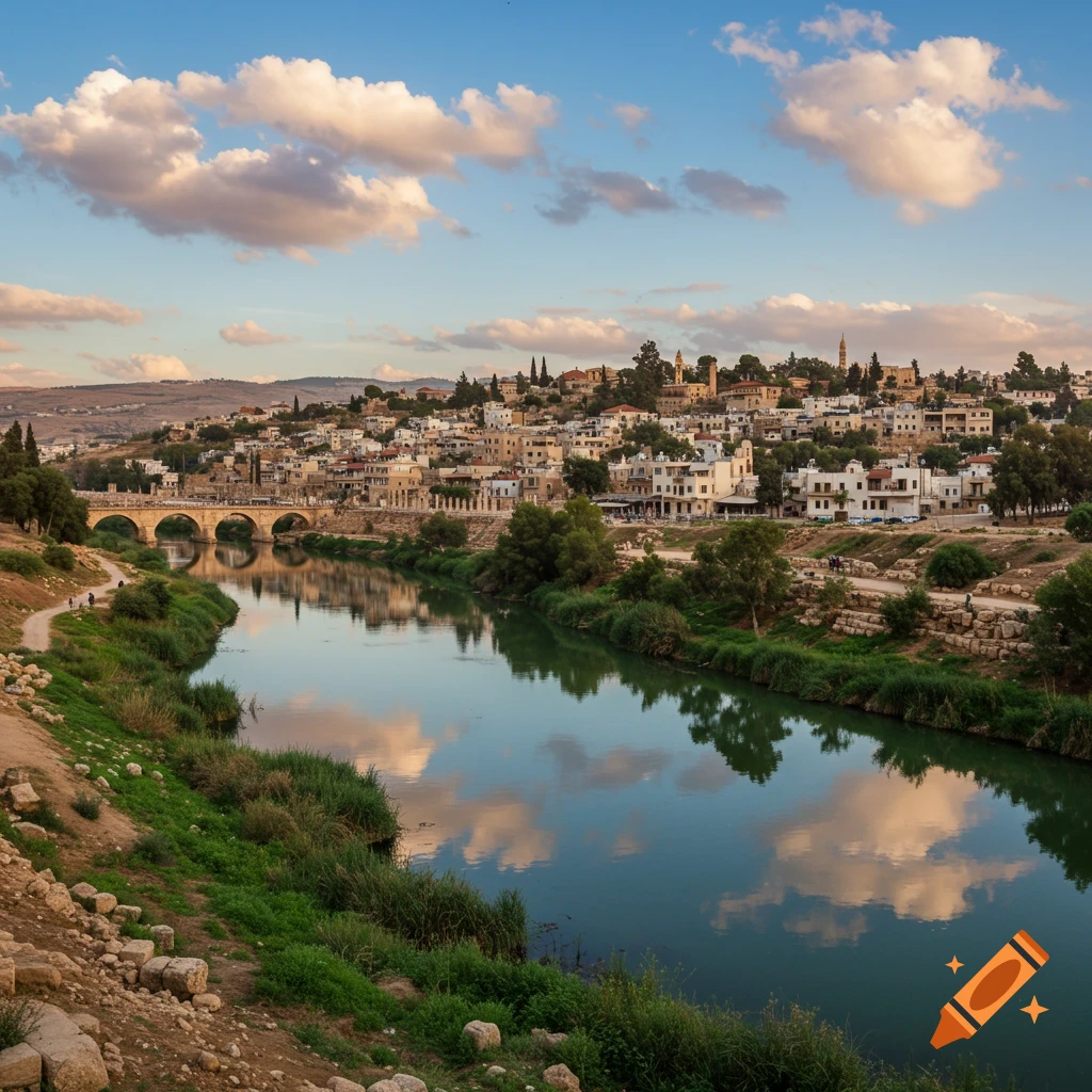 A town with white buildings on a hill overlooks a river with an arched stone bridge, beneath a blue sky with fluffy clouds.