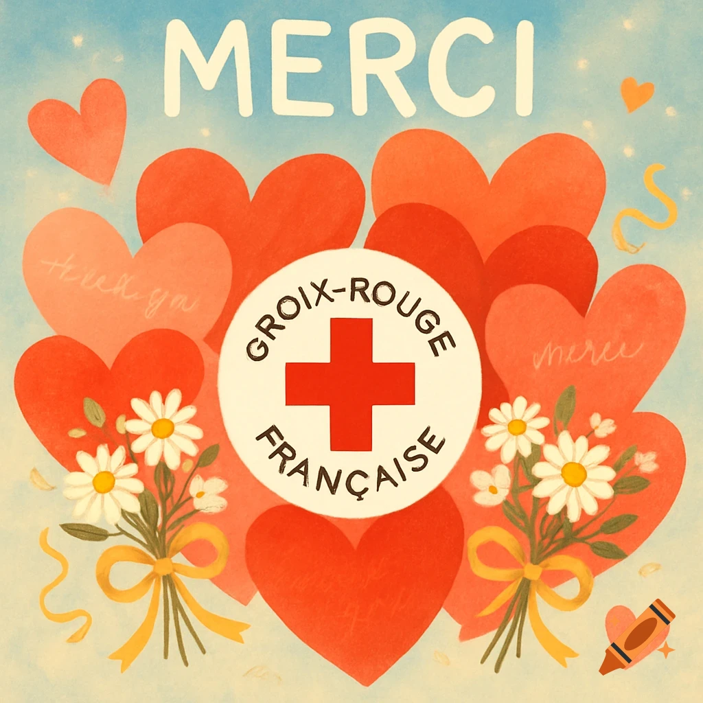 Kitsch illustration of red hearts, white daisies, and ribbons surrounding a French Red Cross logo, with "MERCI" text.