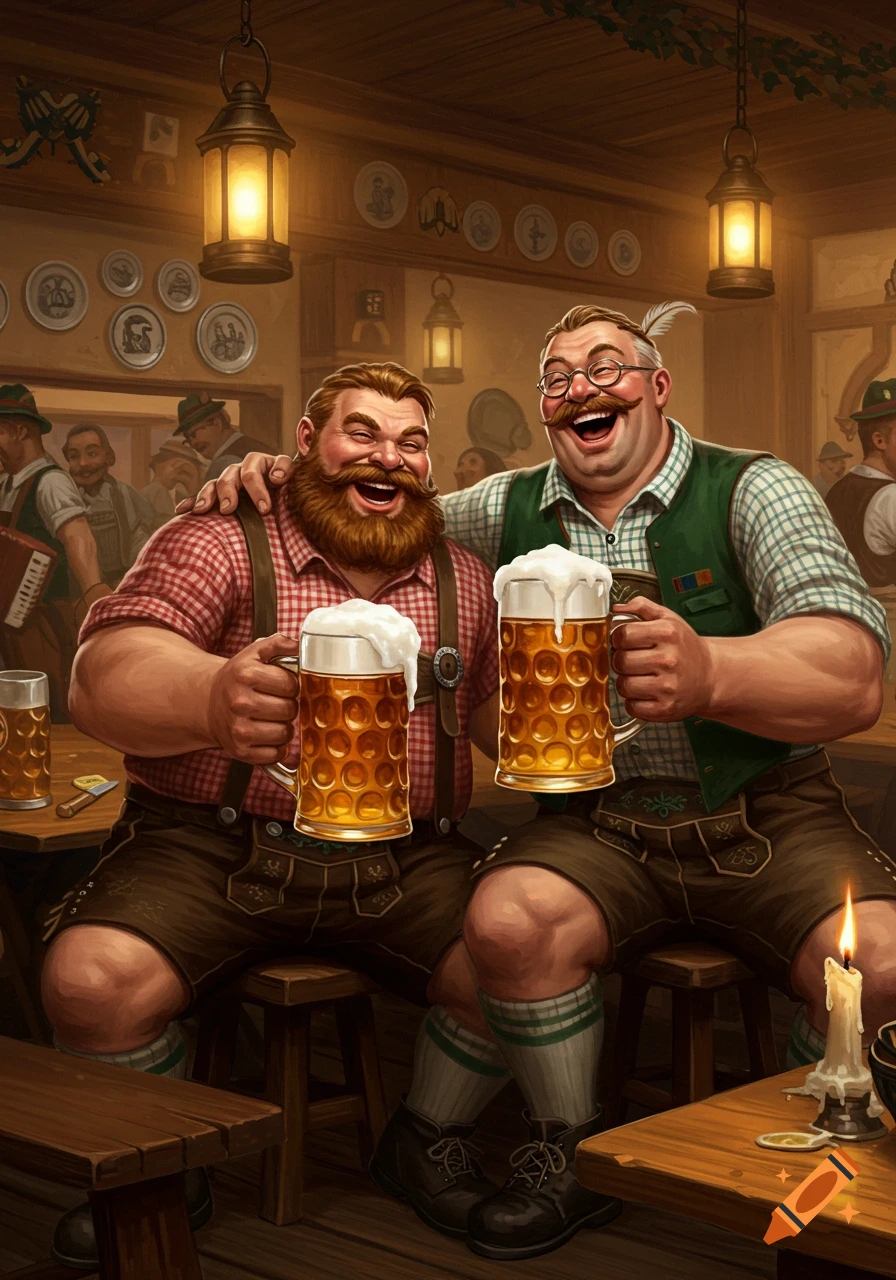 Two cheerful, burly men in traditional Bavarian attire laugh and toast with steins of frothy beer in a rustic pub, digital illustration.