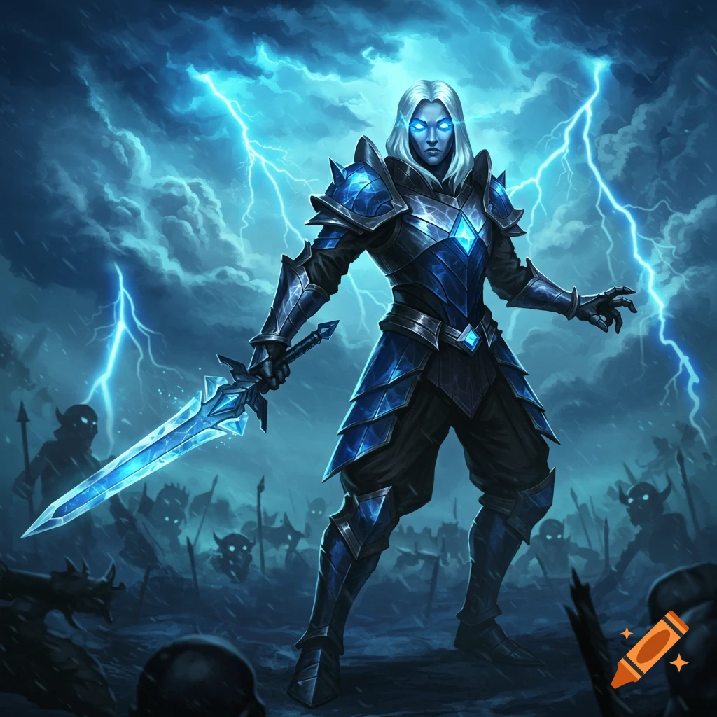 A warrior in blue armor with glowing eyes and a radiant blue sword stands against a stormy sky with lightning and shadowy enemies. Dark fantasy art style.