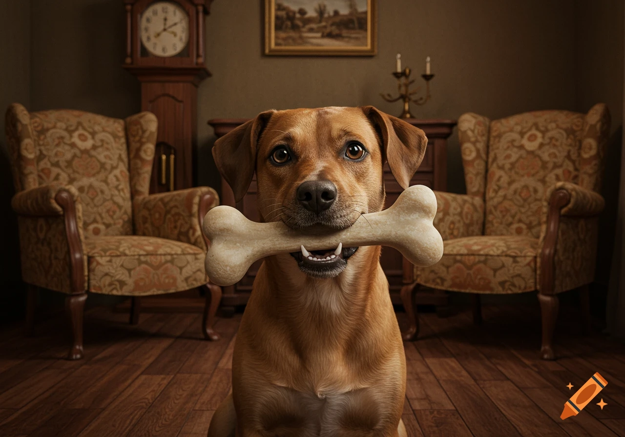 A brown dog sits on a wooden floor in a dimly lit room, holding a large bone in its mouth and looking at the camera.