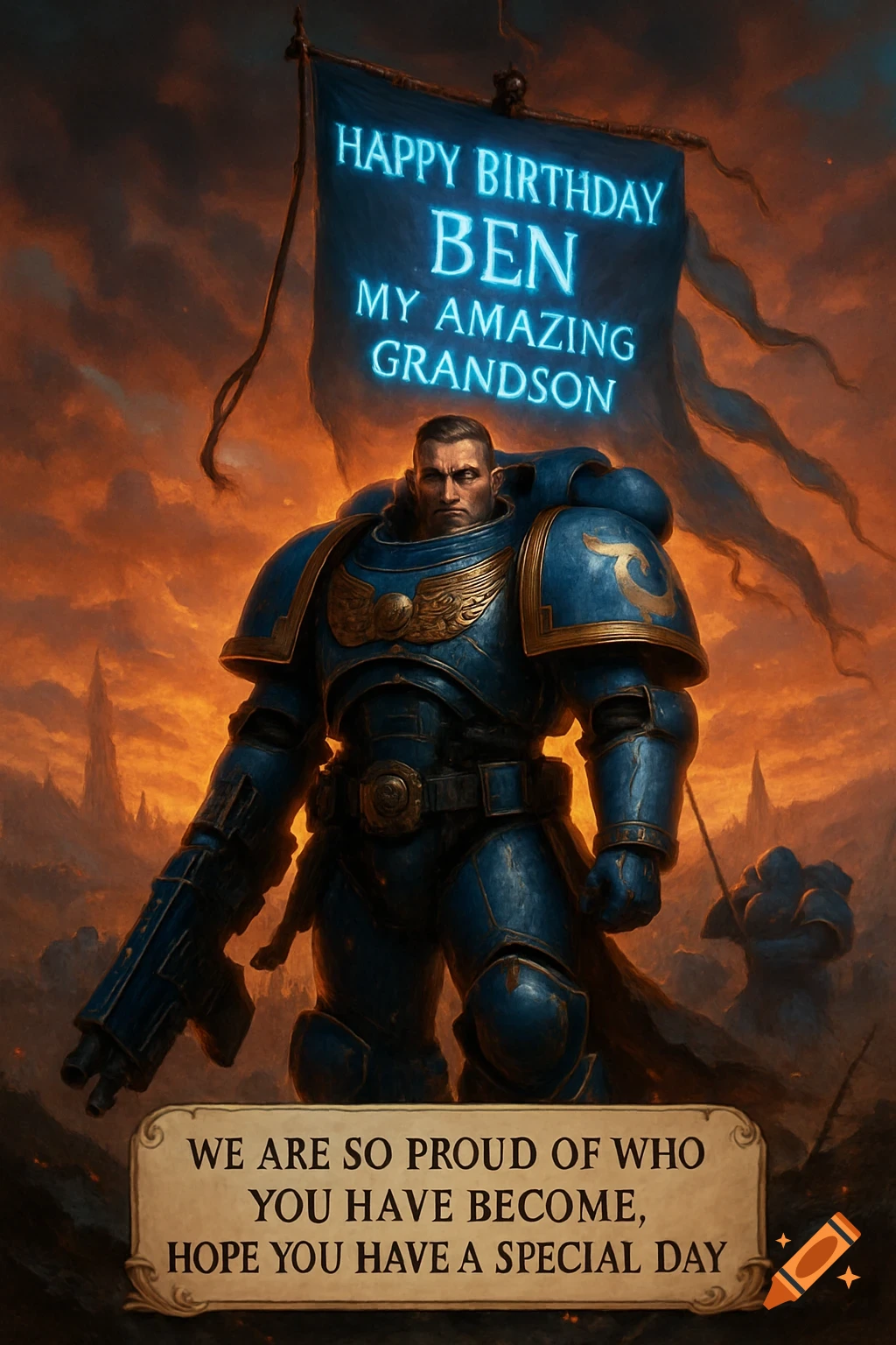 A Warhammer 40k Space Marine stands against an orange sky, holding a banner and a scroll with birthday messages.