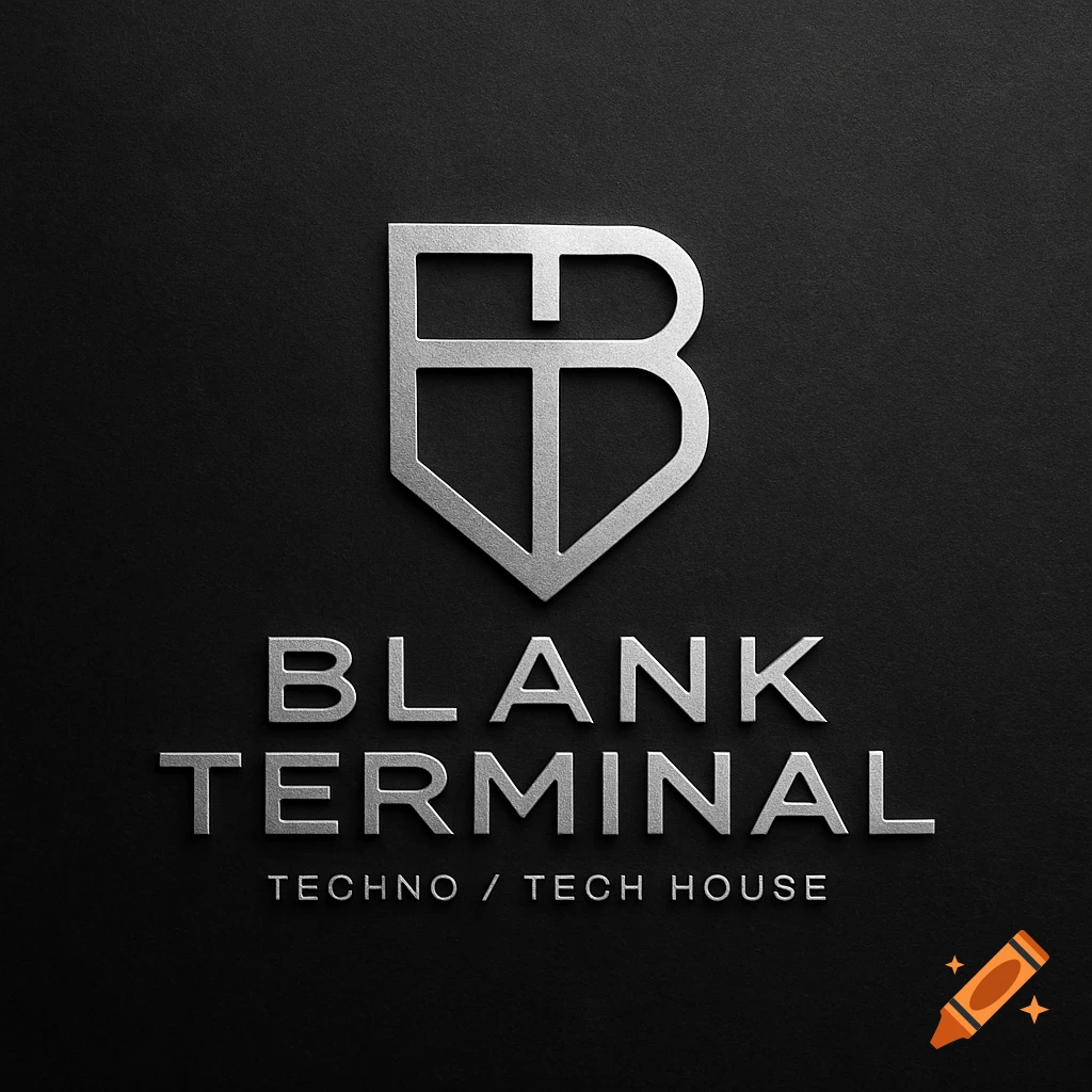 A metallic silver 'Blank Terminal' logo with a geometric symbol and 'TECHNO / TECH HOUSE' text on a dark textured background, in a futuristic, industrial style.