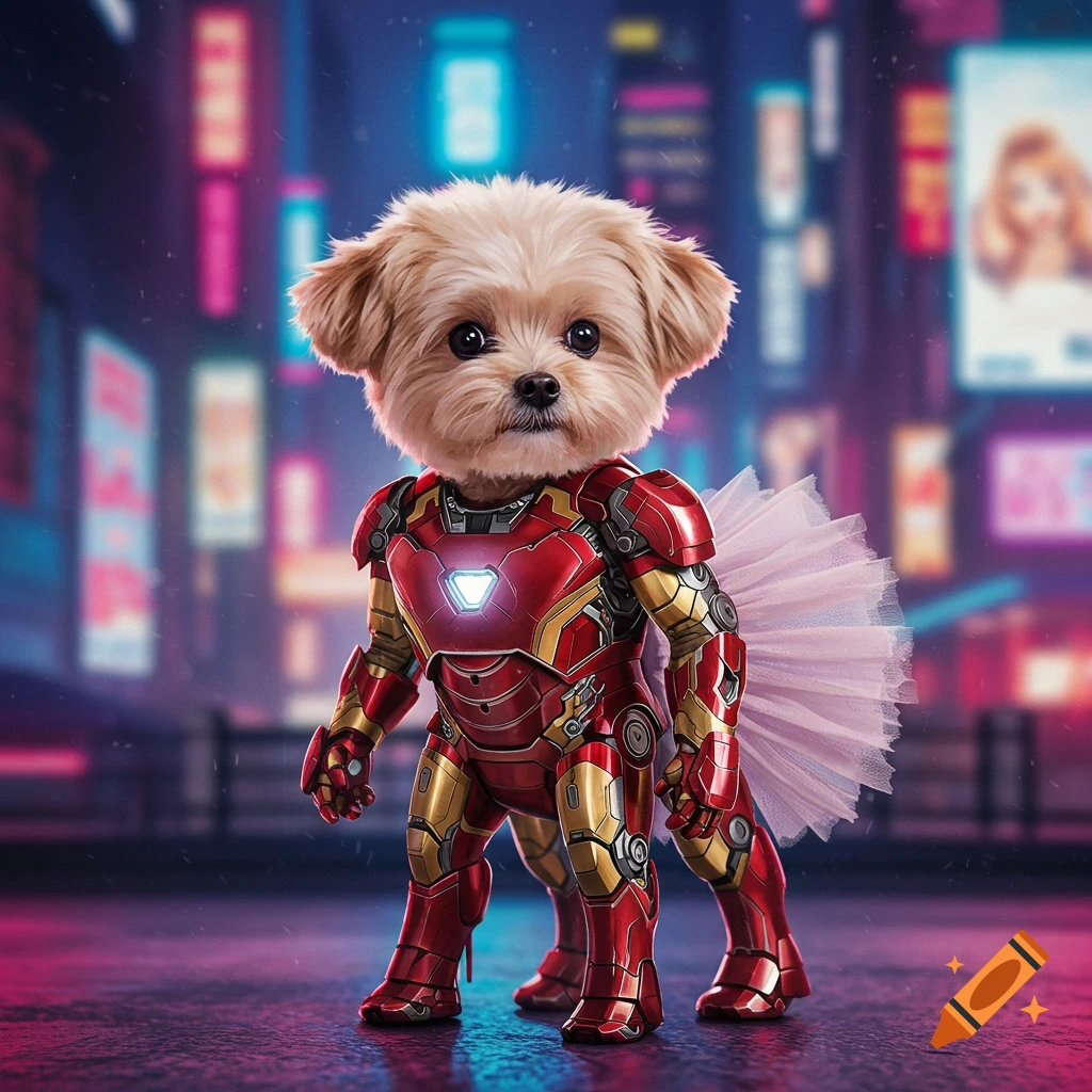 A fluffy dog with a cute face wears a red and gold Iron Man suit with a pink tutu, standing in a neon-lit city street.