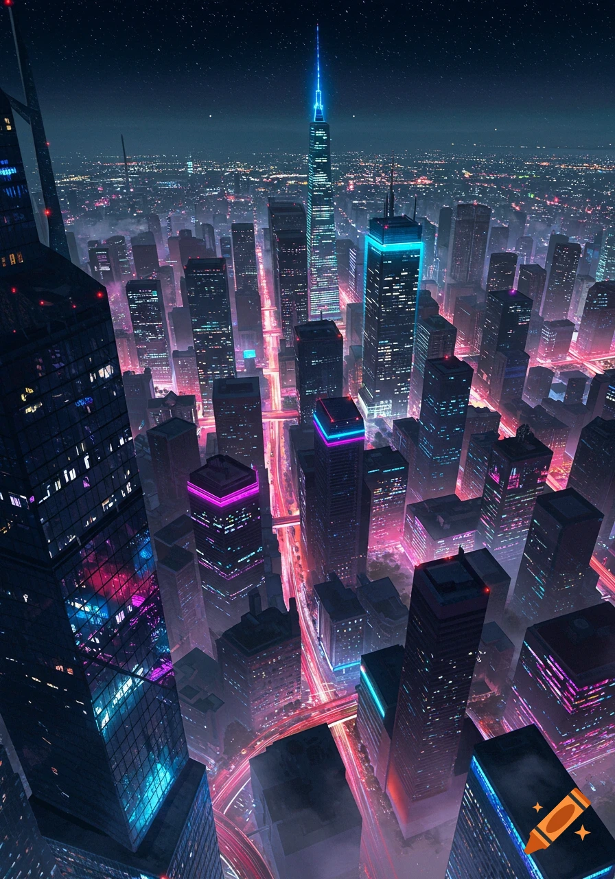A high-angle view of a futuristic city at night, with towering skyscrapers illuminated by vibrant neon lights in blues, pinks, and reds.