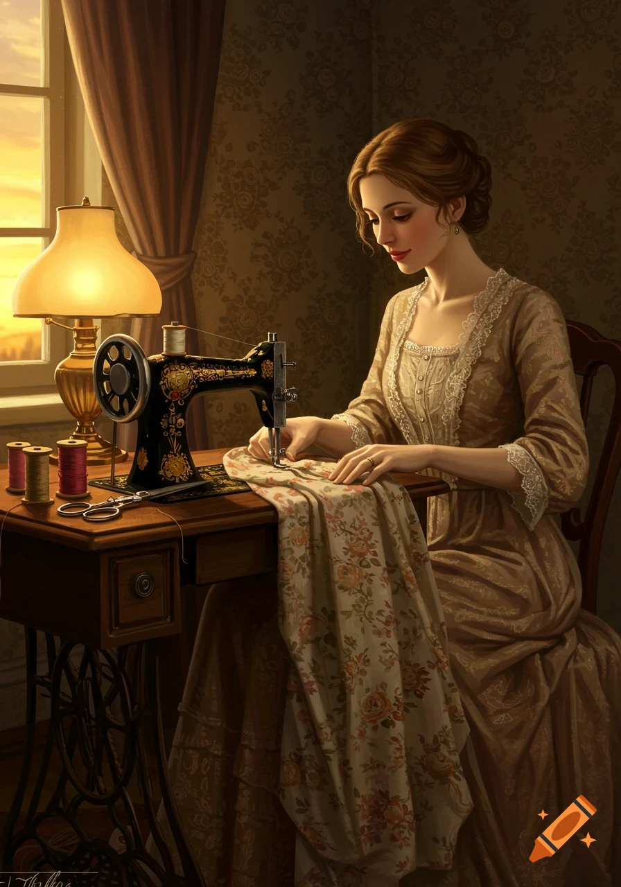 A detailed digital painting of a lady in a vintage dress sewing at an antique machine by a window at sunset.