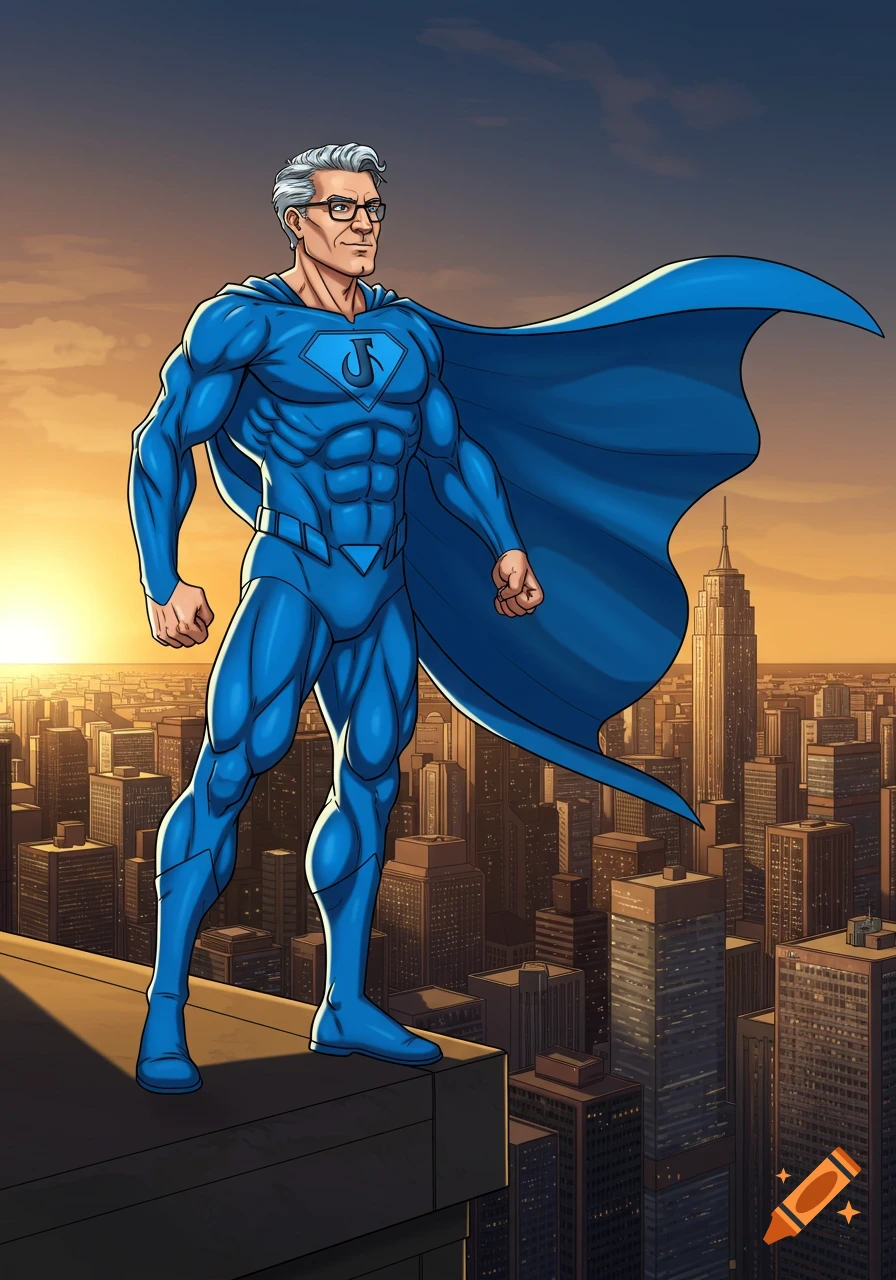 Cartoon superhero with gray hair and glasses in a blue suit and cape stands heroically on a rooftop at sunset.