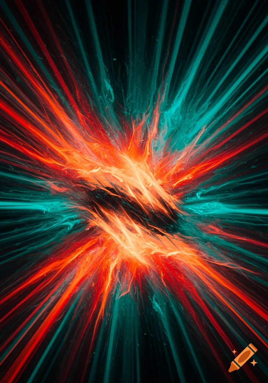 An abstract burst of vibrant orange, red, and teal streaks emanating from a dark center on a black background.