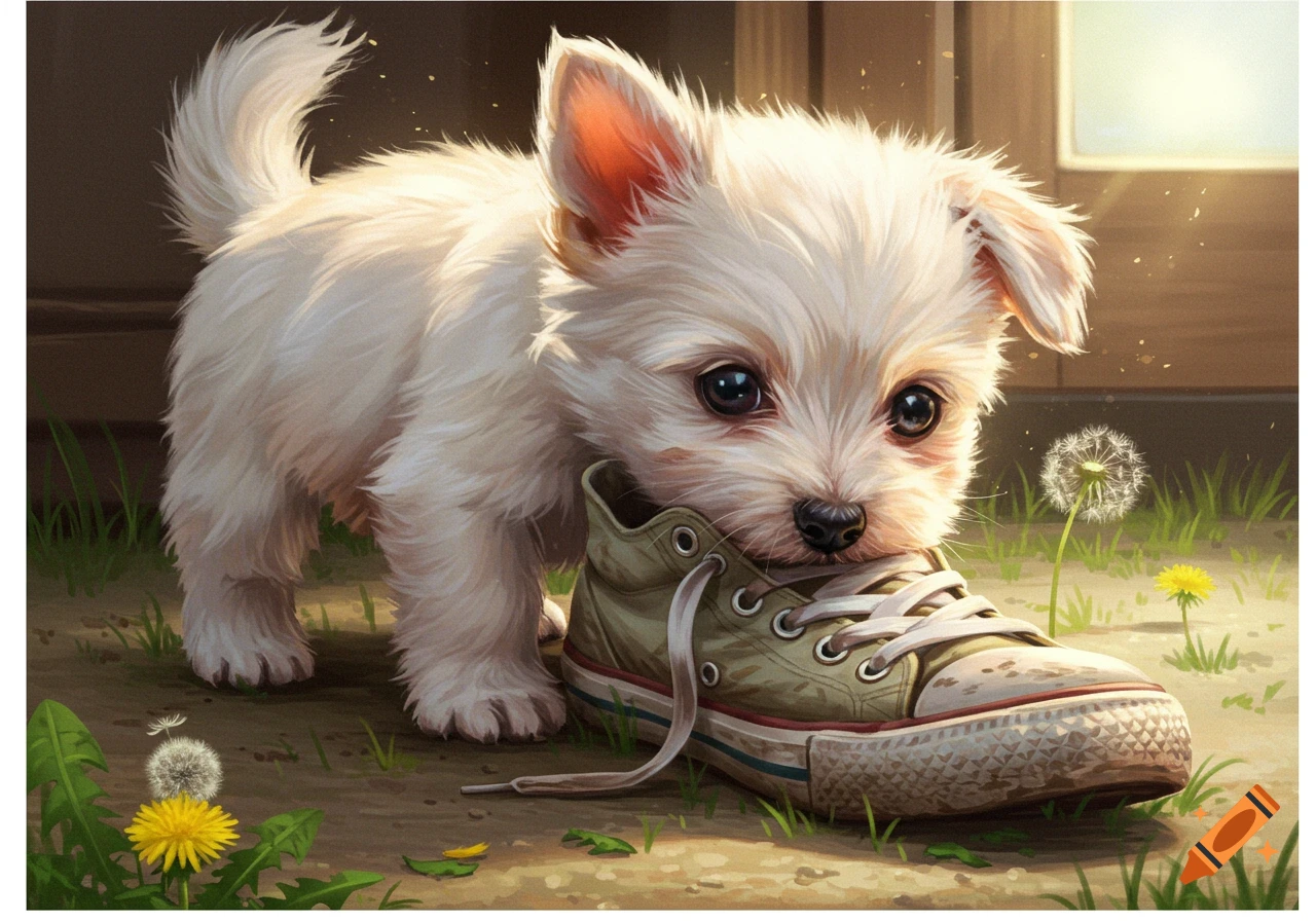 A cute white puppy with big black eyes sniffs an old green canvas sneaker on the ground outdoors, with dandelions around.