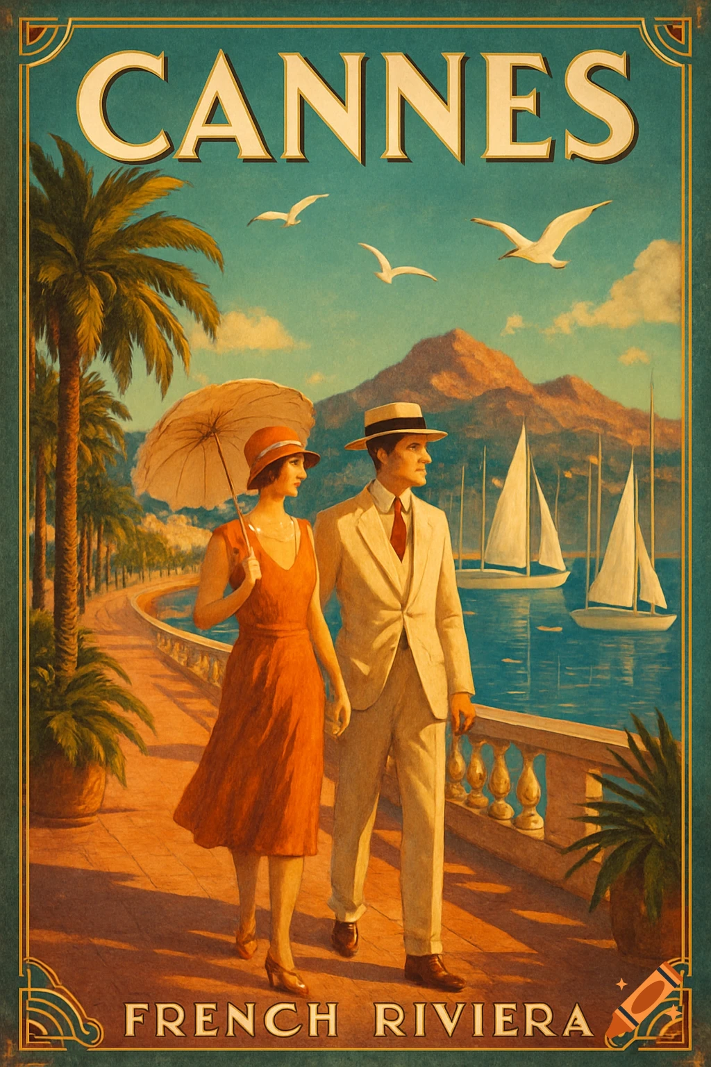 Vintage travel poster for Cannes, French Riviera, depicting a couple walking by the sea with palm trees, sailboats, and mountains.