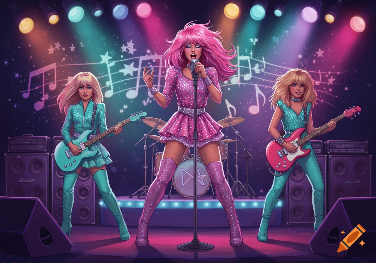Three women from a cartoon band, including a pink-haired singer and two blonde guitarists in sparkly outfits, perform on a brightly lit stage.