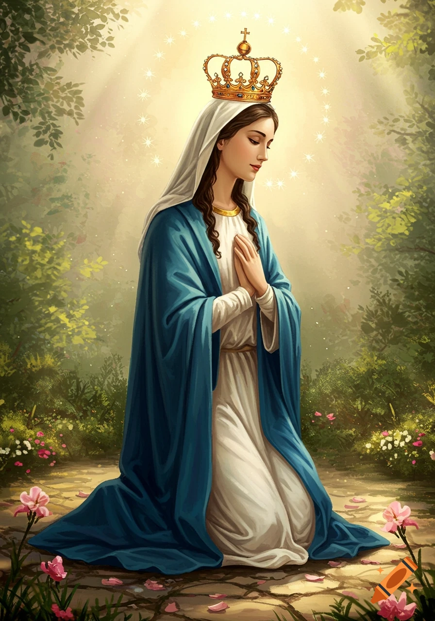 An illustration of the Virgin Mary kneeling in prayer, wearing a blue cloak and a golden crown, surrounded by a luminous halo and a garden.
